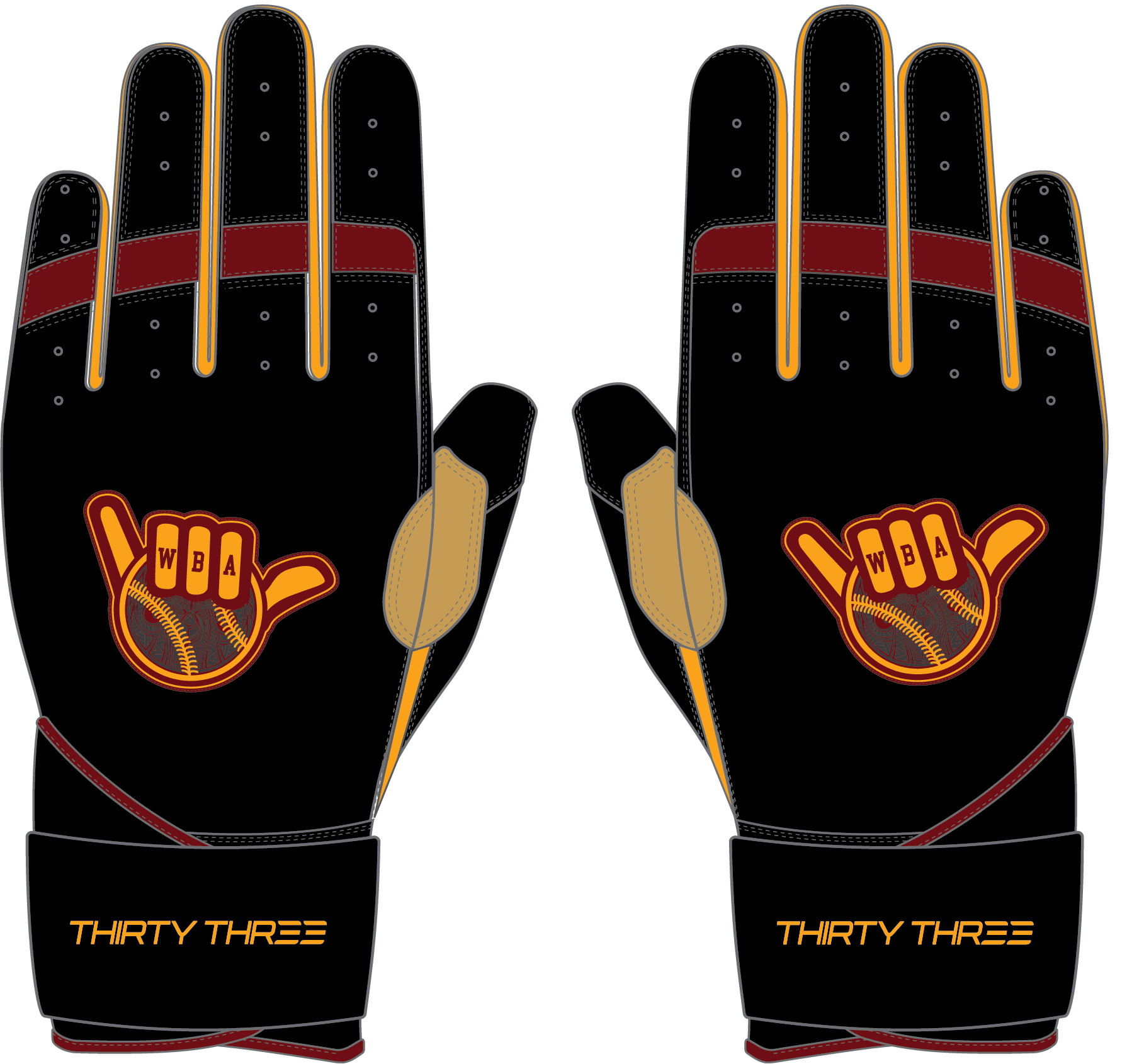 WBA LP PRO LONG CUFF GLOVES - BLACK/GOLD - 33 GLOVE CO. - LONG CUFF LEATHER BATTING GLOVES