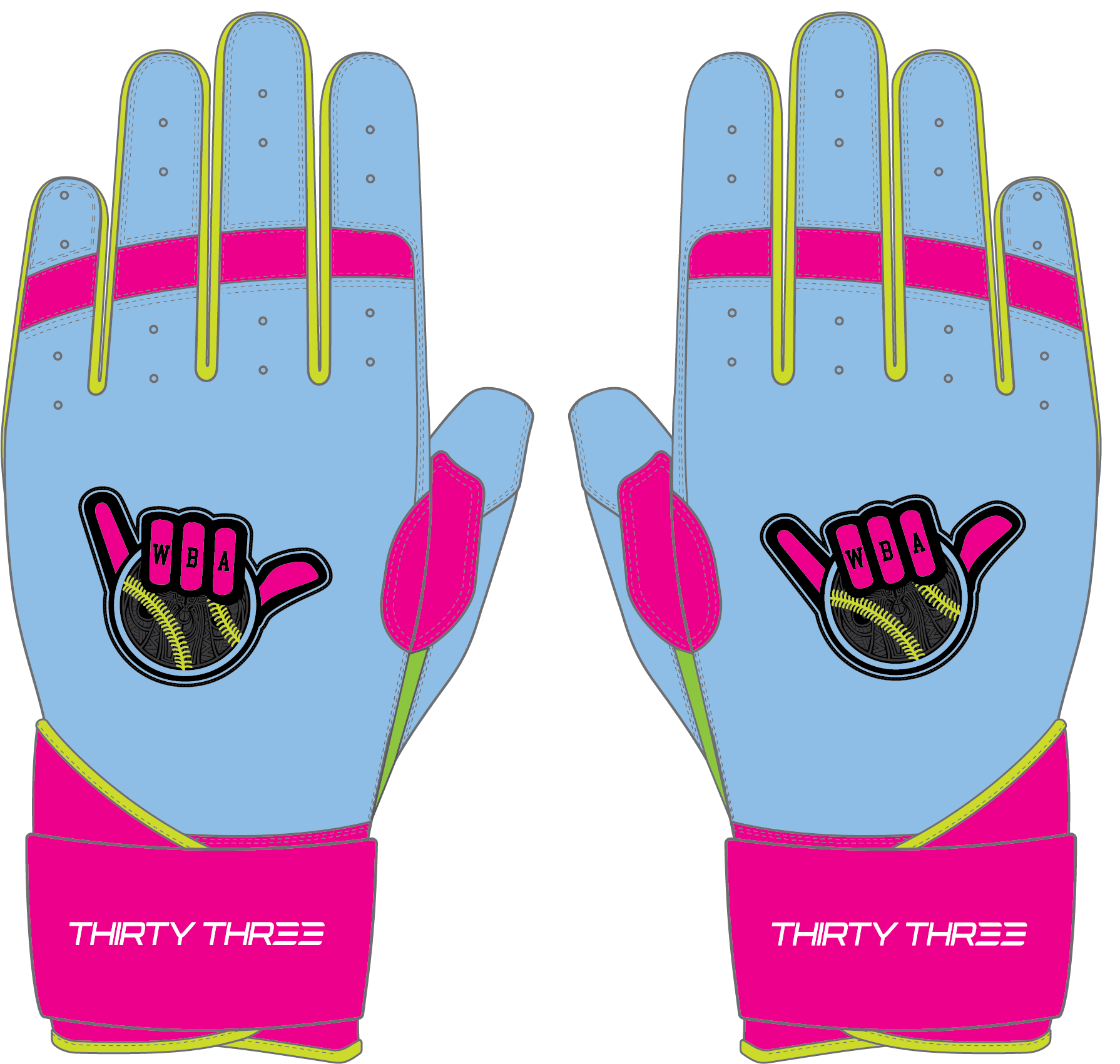 WBA LP PRO LONG CUFF GLOVES - LIGHT BLUE/PINK - 33 GLOVE CO. - LONG CUFF LEATHER BATTING GLOVES