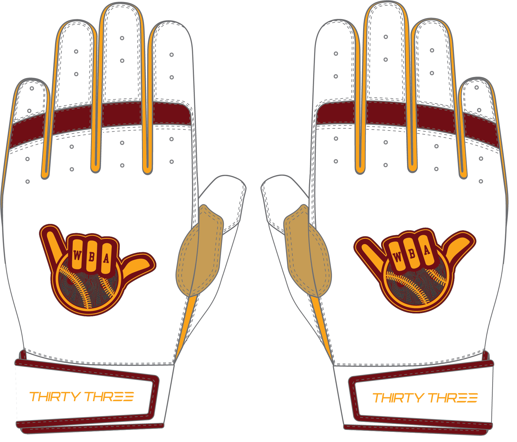 WBA LP PRO SHORT CUFF GLOVES - WHITE/GOLD - 33 GLOVE CO. - SHORT CUFF LEATHER BATTING GLOVES