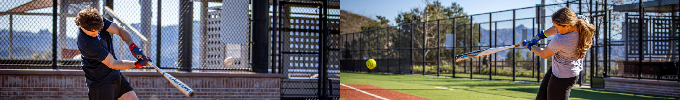 Two people playing baseball and softball on a baseball field