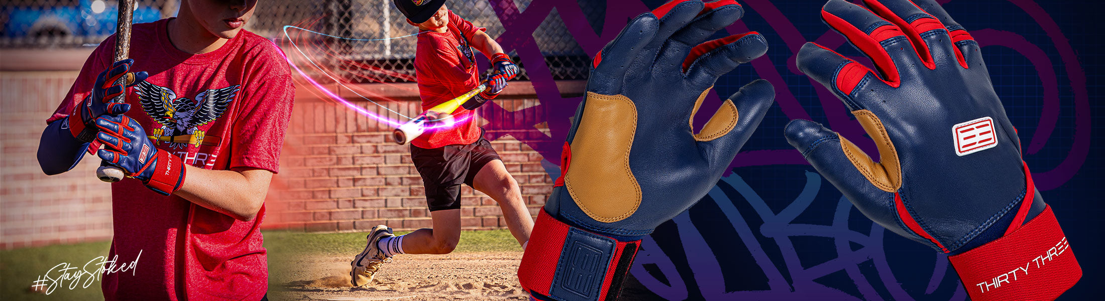 Baseball player in red uniform with gloves on a field, close-up of gloves with brand logo.