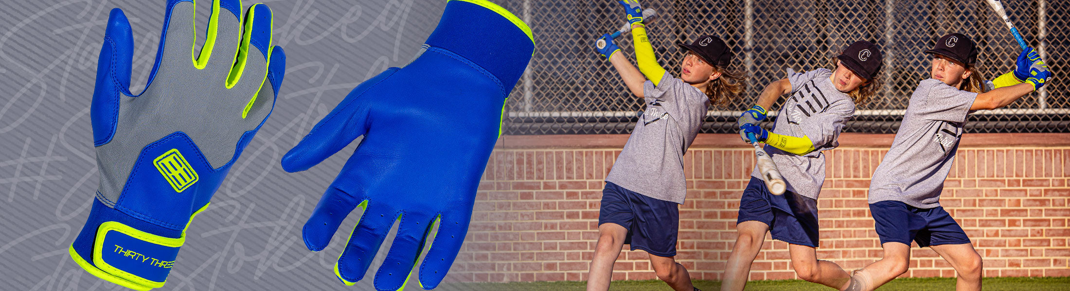 Blue gloves with green accents on a gray background, featuring a child playing baseball.