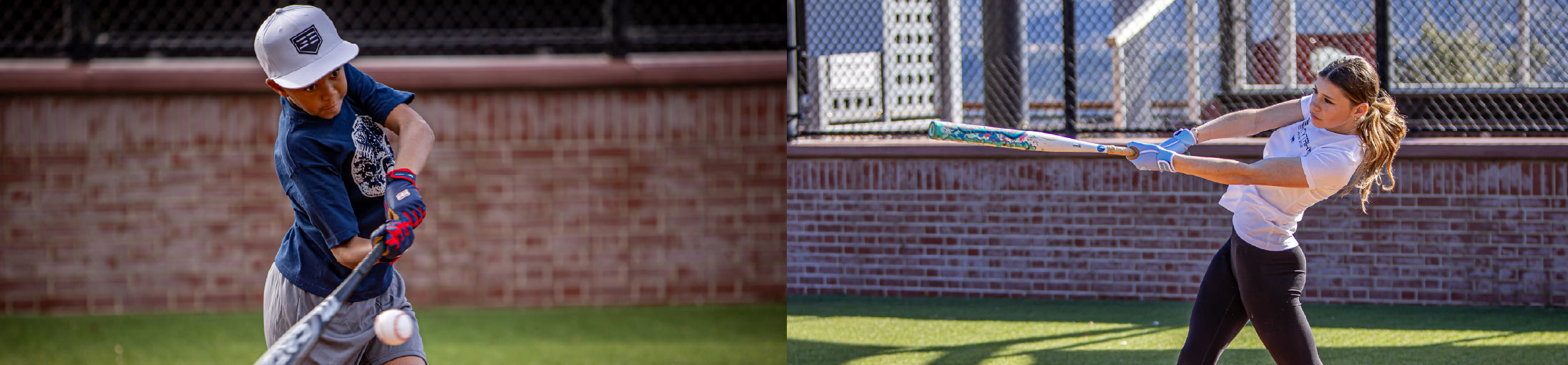 Two images side by side; one of a person playing baseball and the other of a person playing softball.