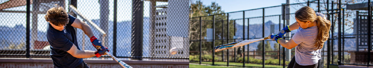 Two images side by side; one of a person playing baseball with a bat, the other of a person playing softball.