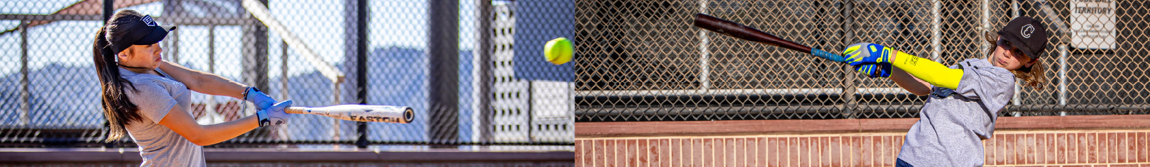 Two images side by side of a child playing baseball with a bat and ball.