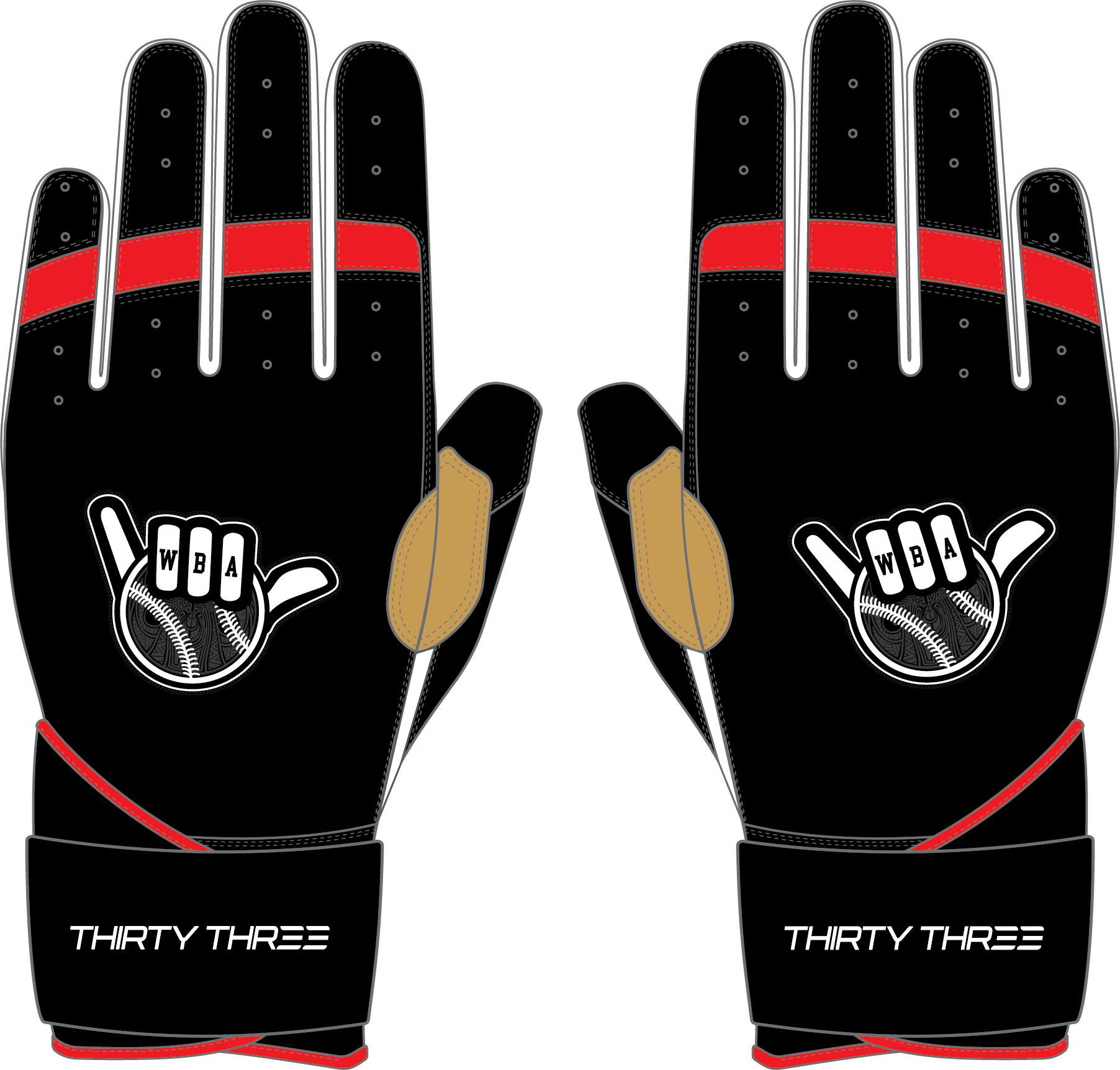 WBA LP PRO LONG CUFF GLOVES - BLACK/RED/WHITE - 33 GLOVE CO. - LONG CUFF LEATHER BATTING GLOVES