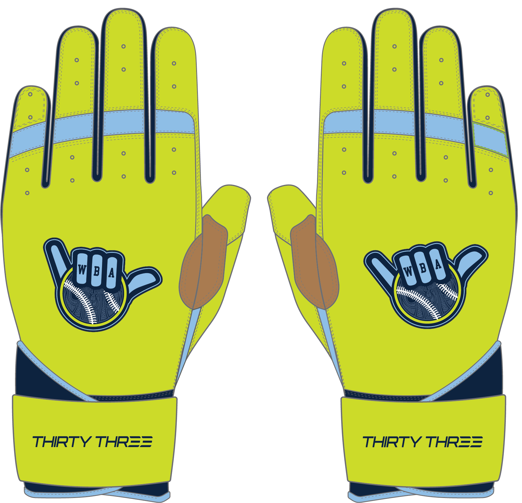 WBA LP PRO LONG CUFF GLOVES - HIGHLIGHTER/LIGHT BLUE/NAVY - 33 GLOVE CO. - LONG CUFF LEATHER BATTING GLOVES
