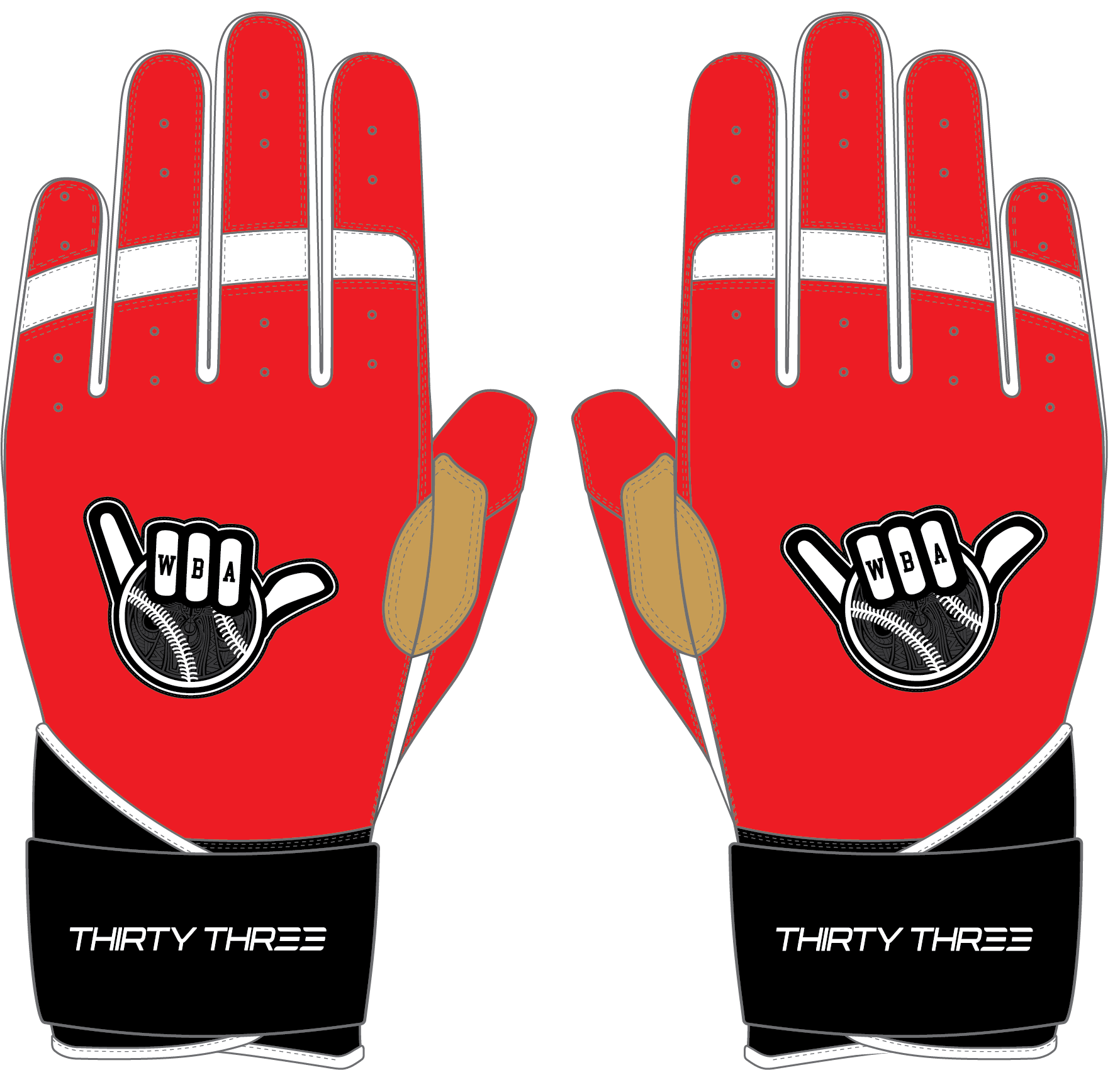 WBA LP PRO LONG CUFF GLOVES - RED/WHITE/BLACK - 33 GLOVE CO. - LONG CUFF LEATHER BATTING GLOVES
