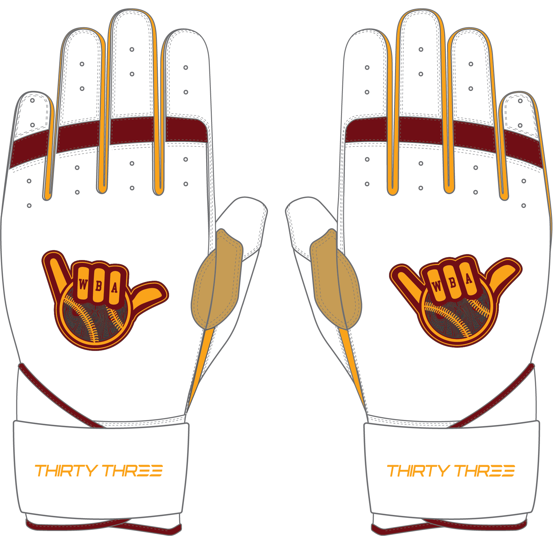 WBA LP PRO LONG CUFF GLOVES - WHITE/GOLD - 33 GLOVE CO. - LONG CUFF LEATHER BATTING GLOVES
