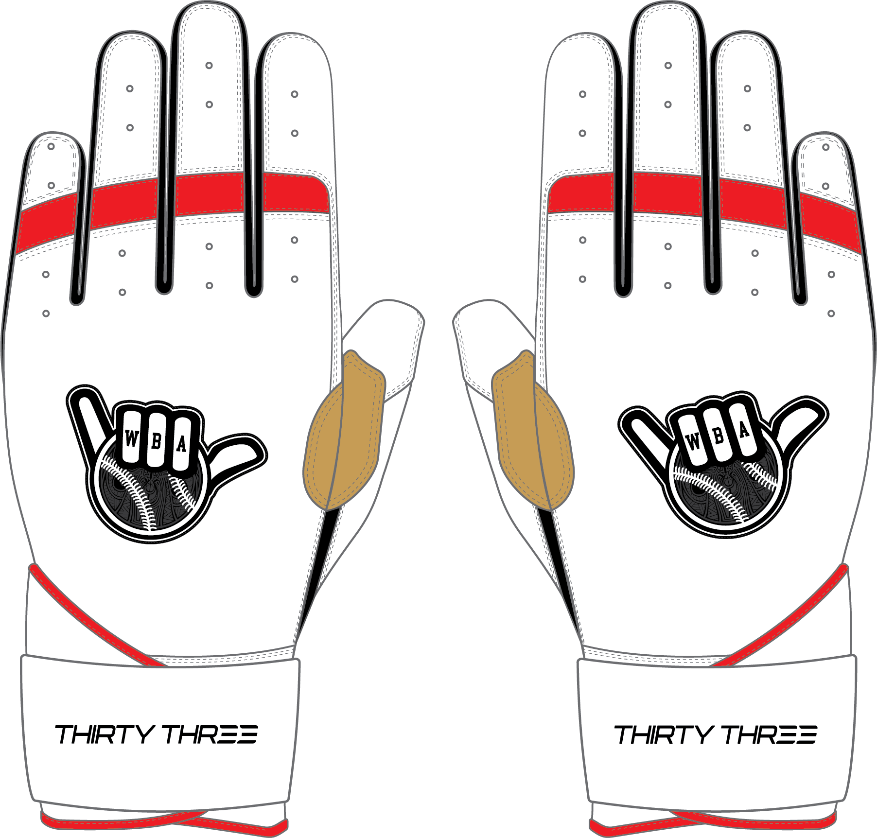 WBA LP PRO LONG CUFF GLOVES - WHITE/RED/BLACK - 33 GLOVE CO. - LONG CUFF LEATHER BATTING GLOVES