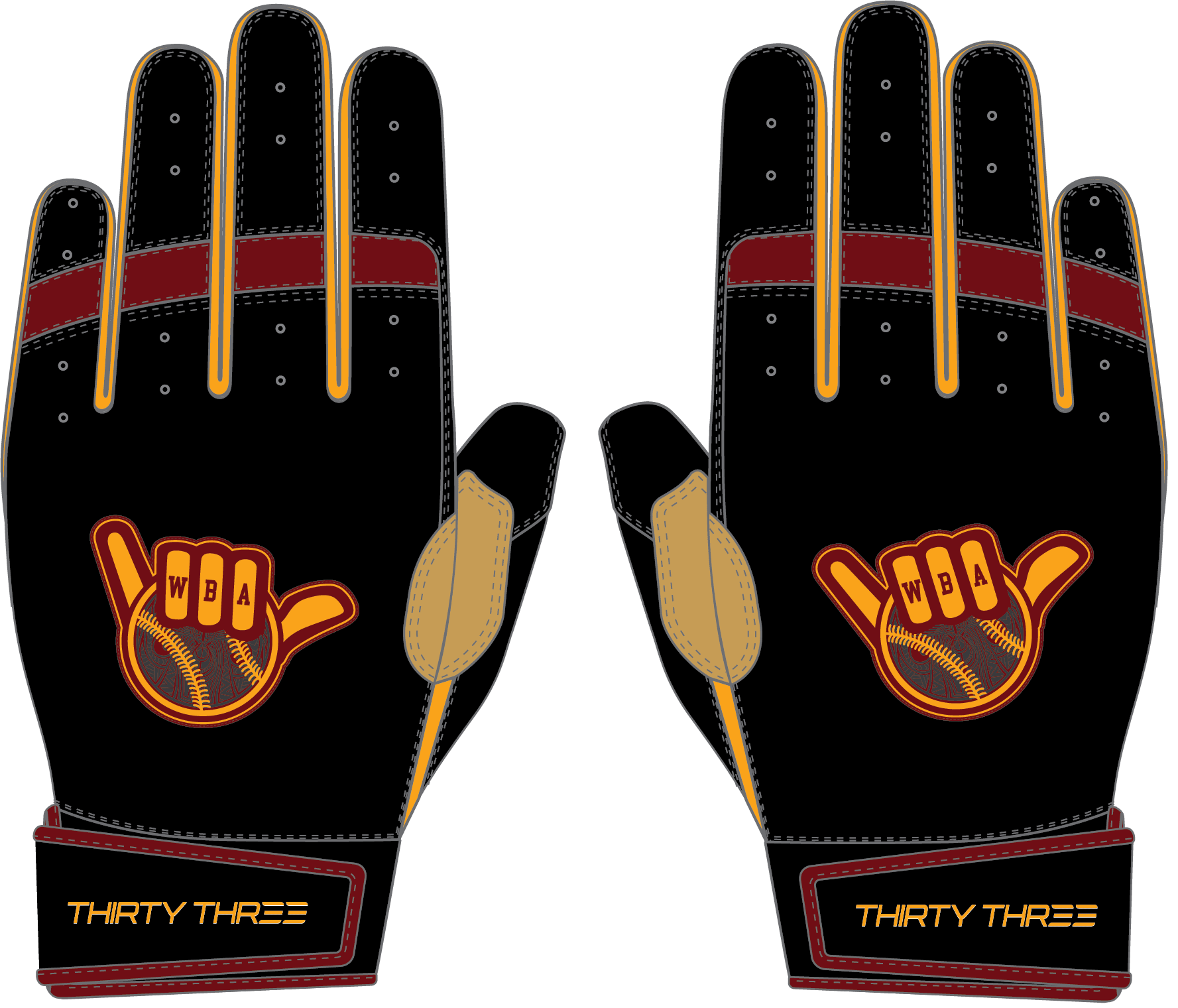 WBA LP PRO SHORT CUFF GLOVES - BLACK/GOLD - 33 GLOVE CO. - SHORT CUFF LEATHER BATTING GLOVES
