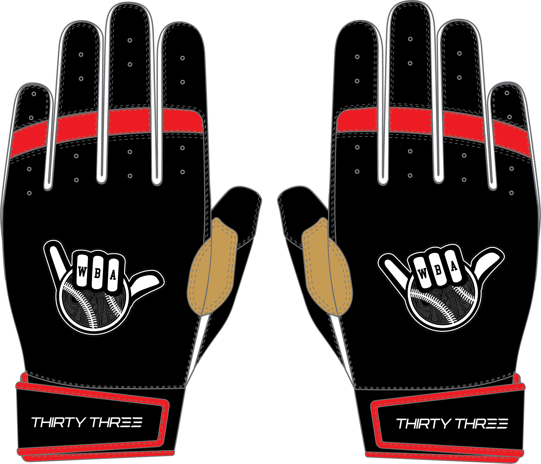 WBA LP PRO SHORT CUFF GLOVES - BLACK/RED/WHITE - 33 GLOVE CO. - SHORT CUFF LEATHER BATTING GLOVES