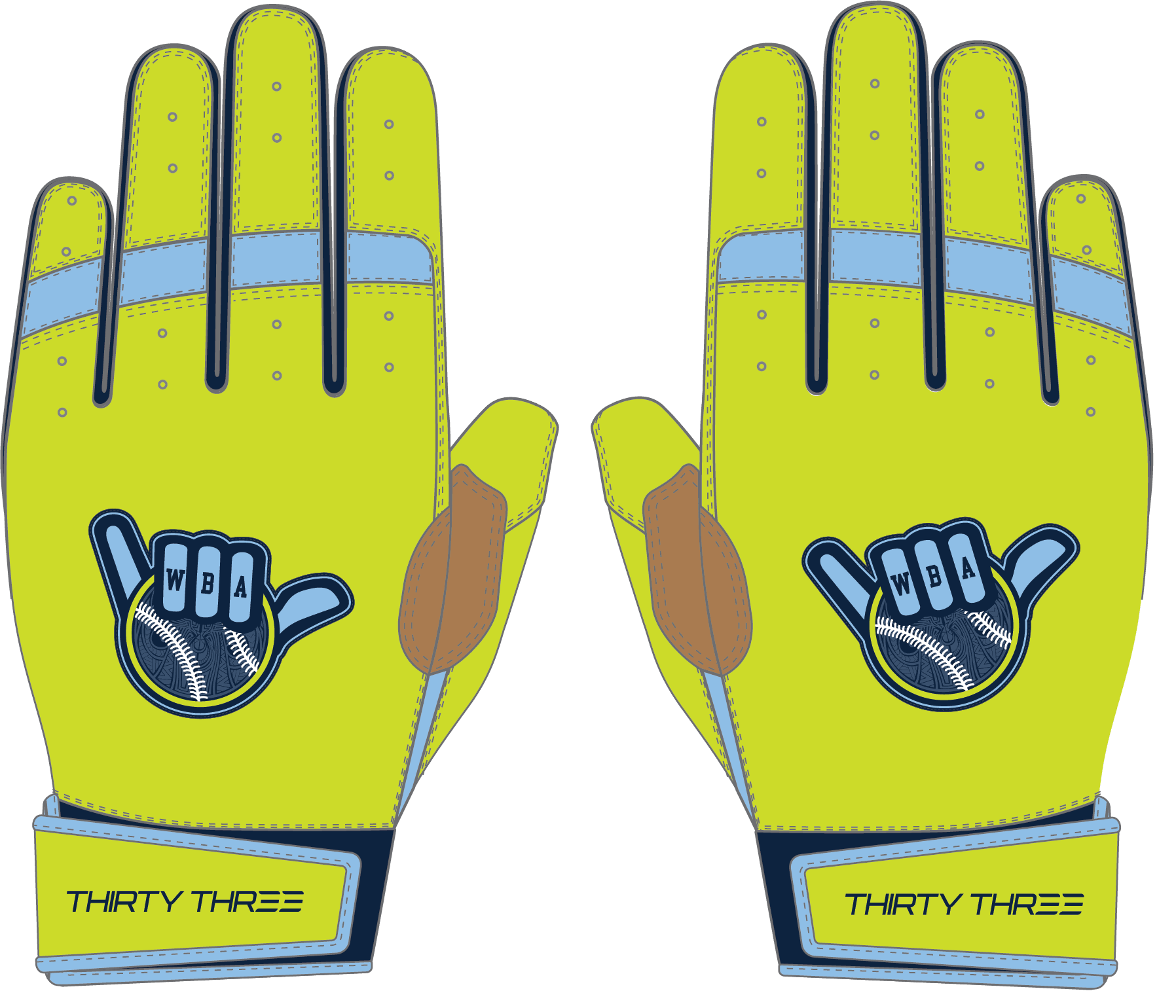 WBA LP PRO SHORT CUFF GLOVES - HIGHLIGHTER/LIGHT BLUE/NAVY - 33 GLOVE CO. - SHORT CUFF LEATHER BATTING GLOVES