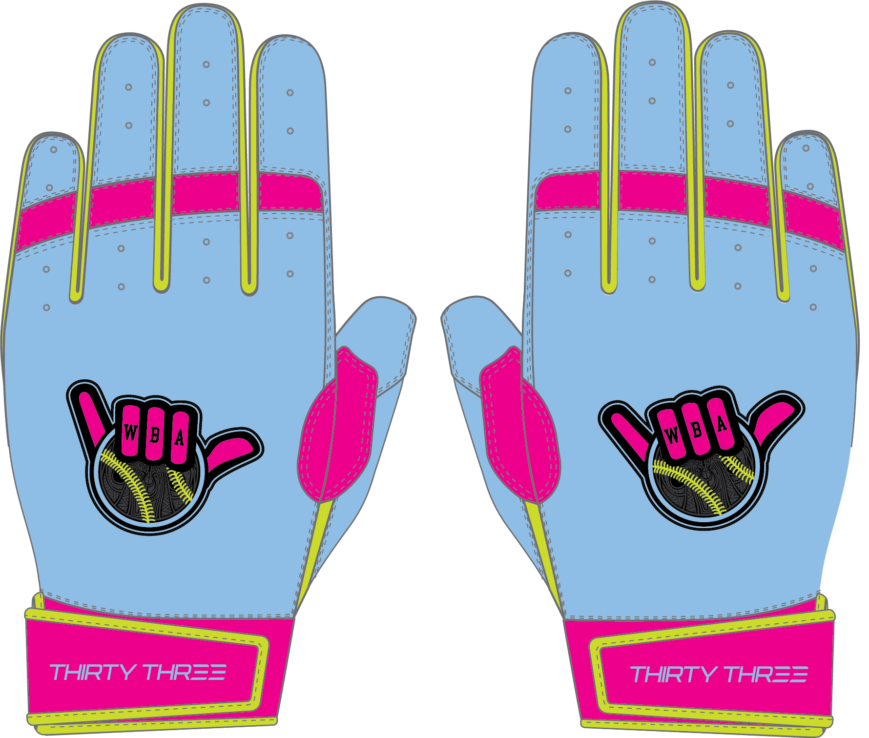 WBA LP PRO SHORT CUFF GLOVES - LIGHT BLUE/PINK - 33 GLOVE CO. - SHORT CUFF LEATHER BATTING GLOVES