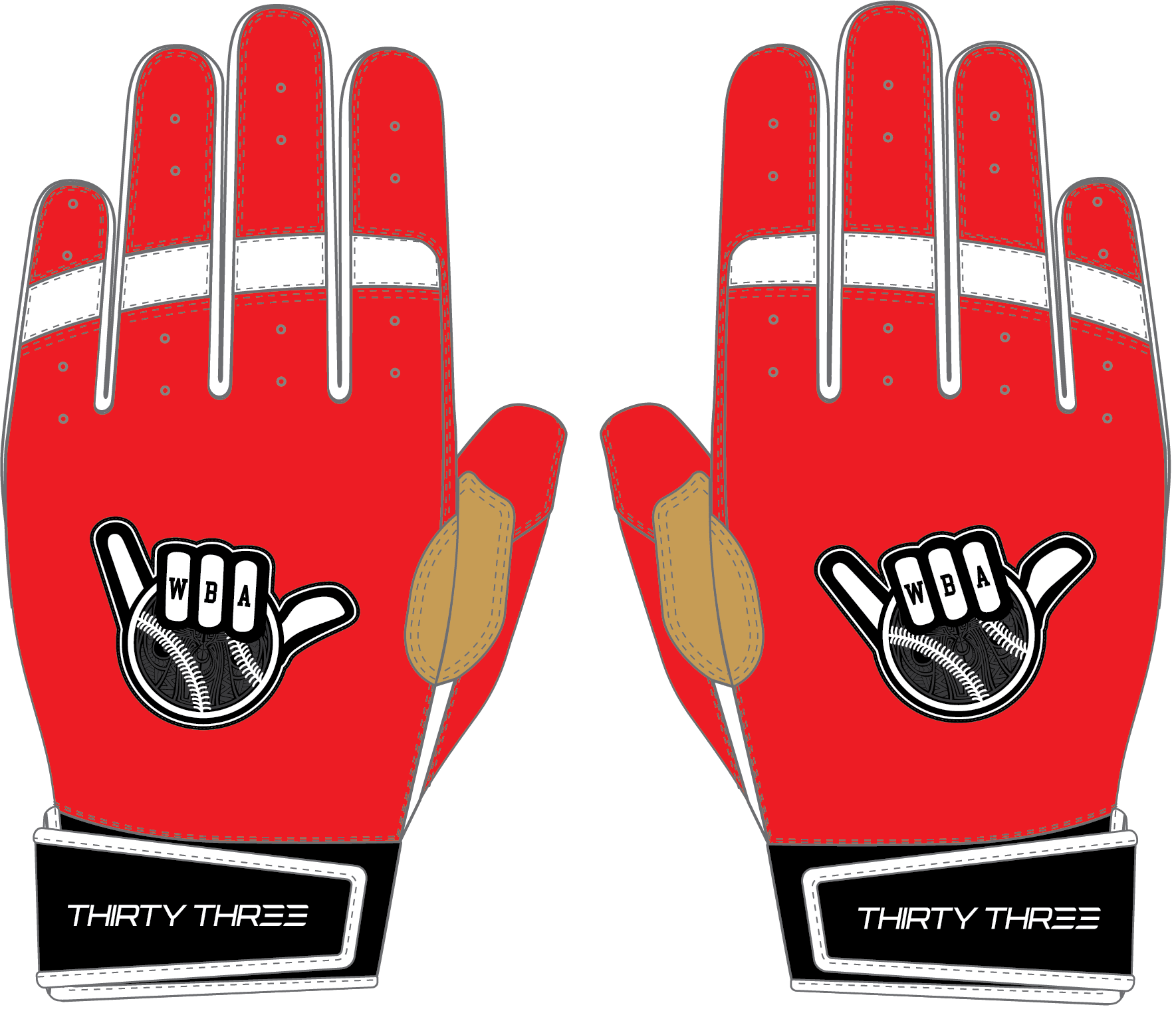 WBA LP PRO SHORT CUFF GLOVES - RED/WHITE/BLACK - 33 GLOVE CO. - SHORT CUFF LEATHER BATTING GLOVES