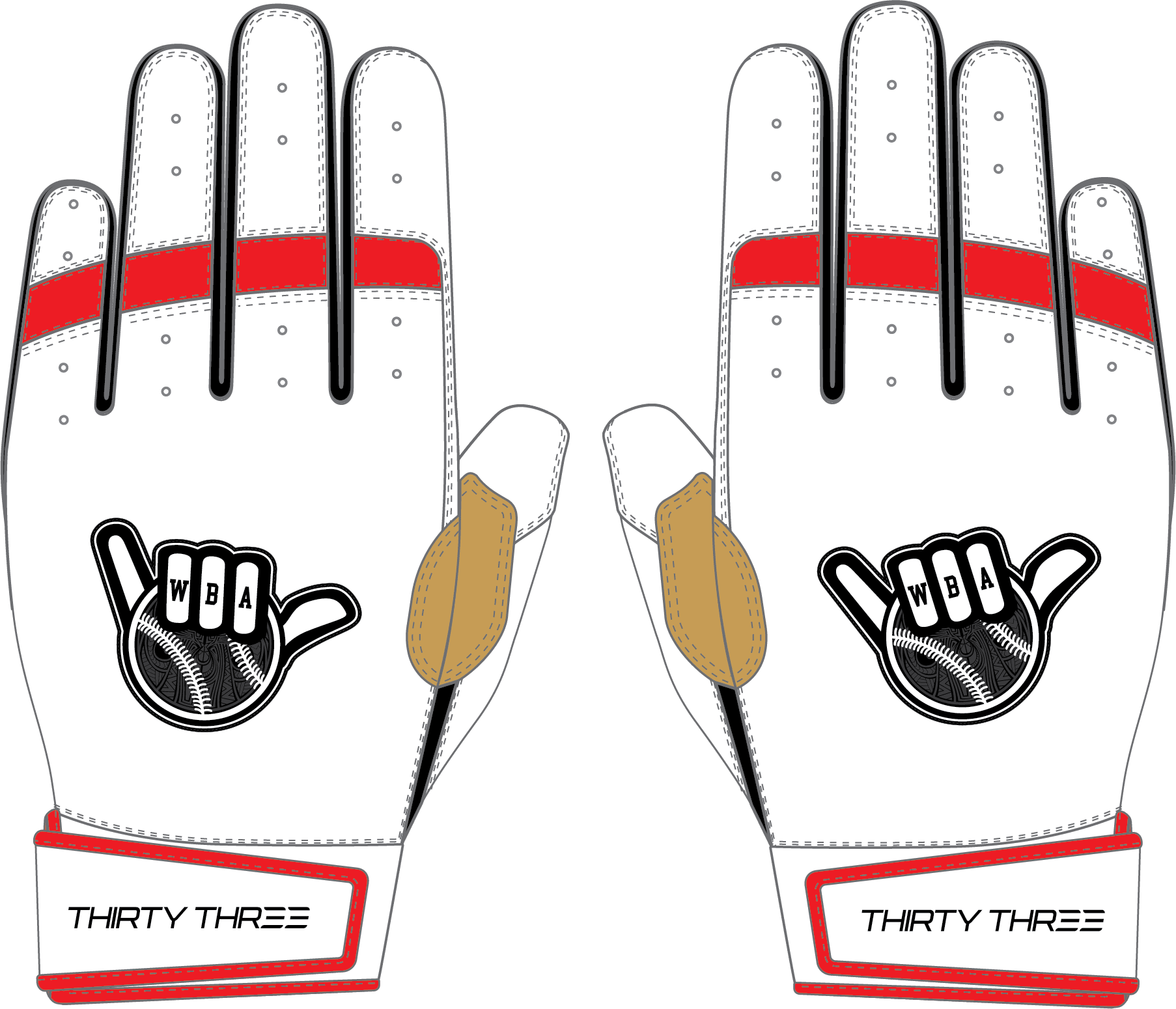 WBA LP PRO SHORT CUFF GLOVES - WHITE/RED/BLACK - 33 GLOVE CO. - SHORT CUFF LEATHER BATTING GLOVES